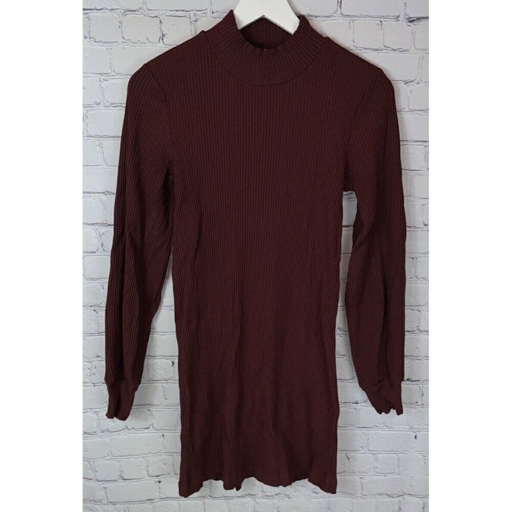 Aritzia WILFRED Ribbed Balloon Sleeve Mock Neck Mini Dress Burgundy Size Medium